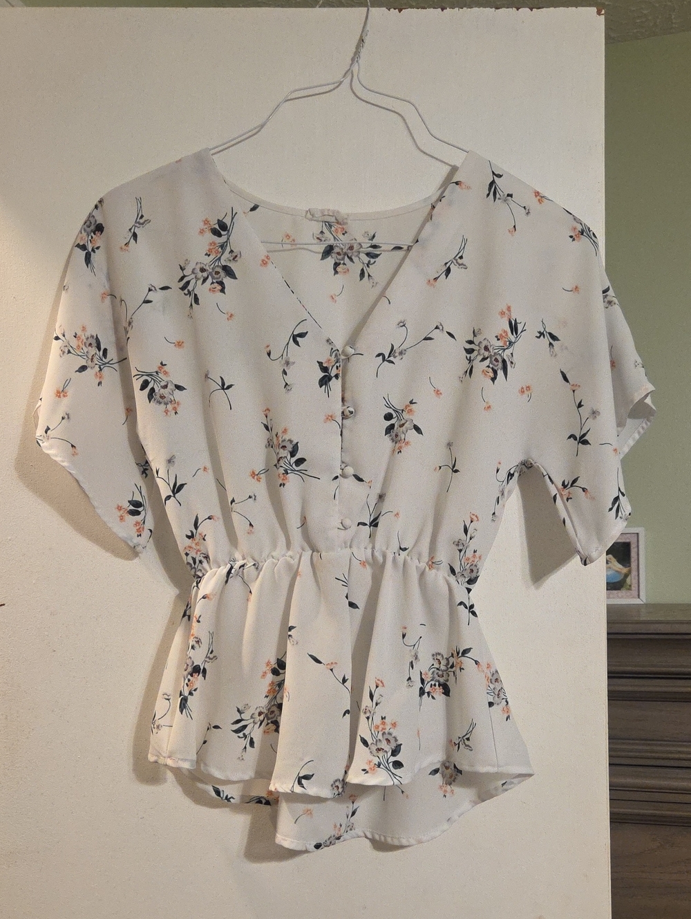 Sienna Sky White Floral Peplum Blouse with Peach Accents
